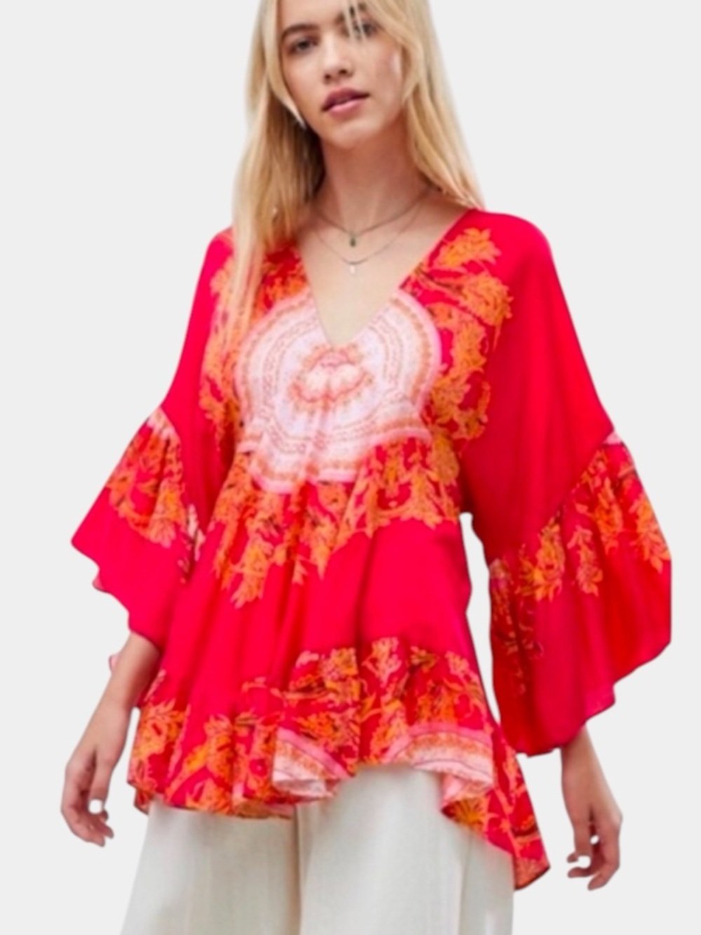Free People Sunset Dreams Boho Tunic Top Red Orange Bell Sleeve • Size S